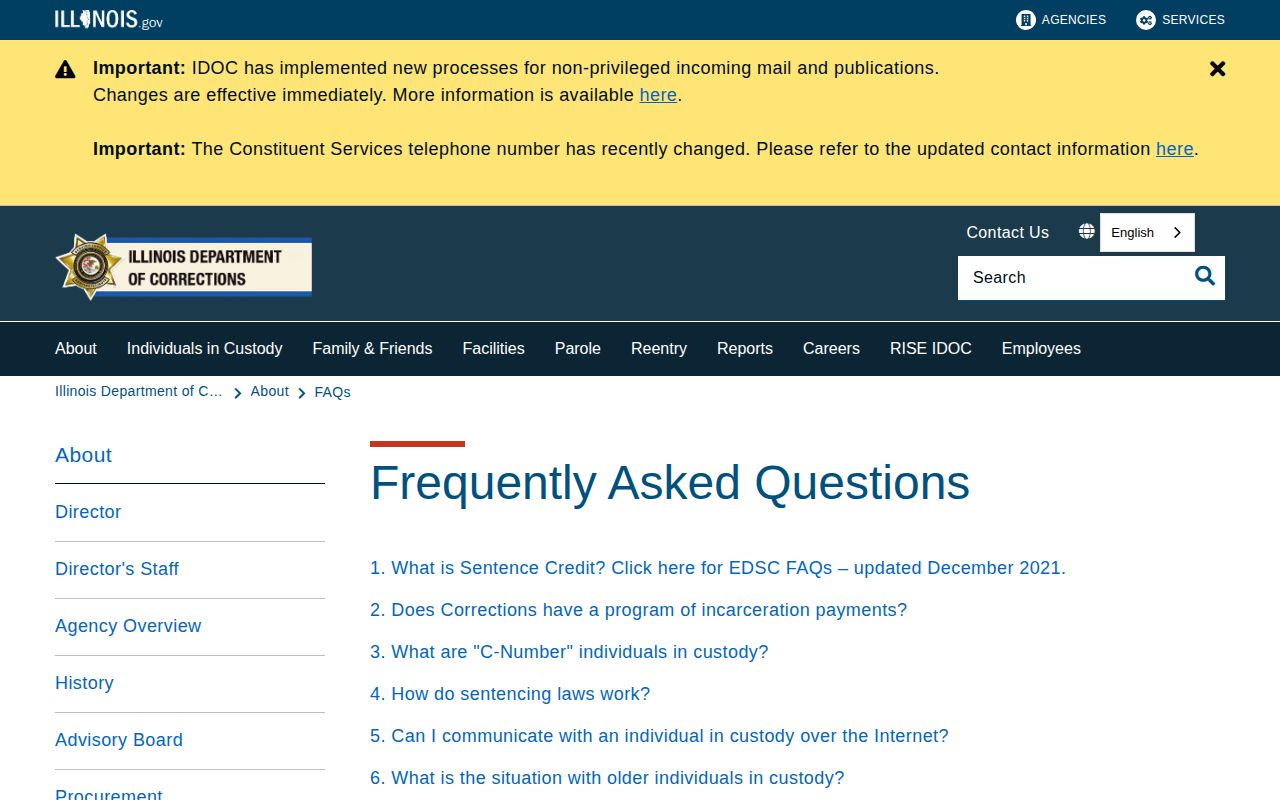 IDOC FAQ explaining archived records and Illinois sentence credit