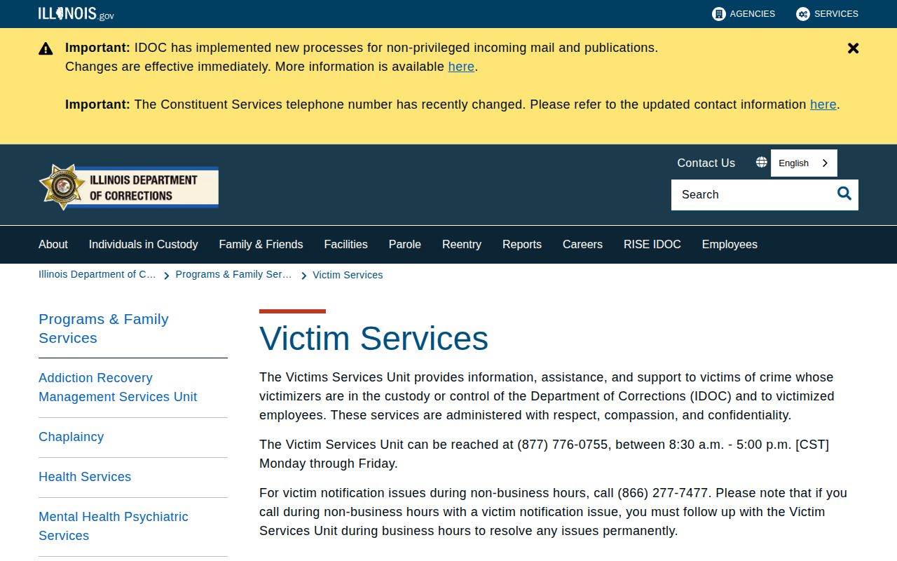 IDOC Victim Services information supporting Illinois VINE registration