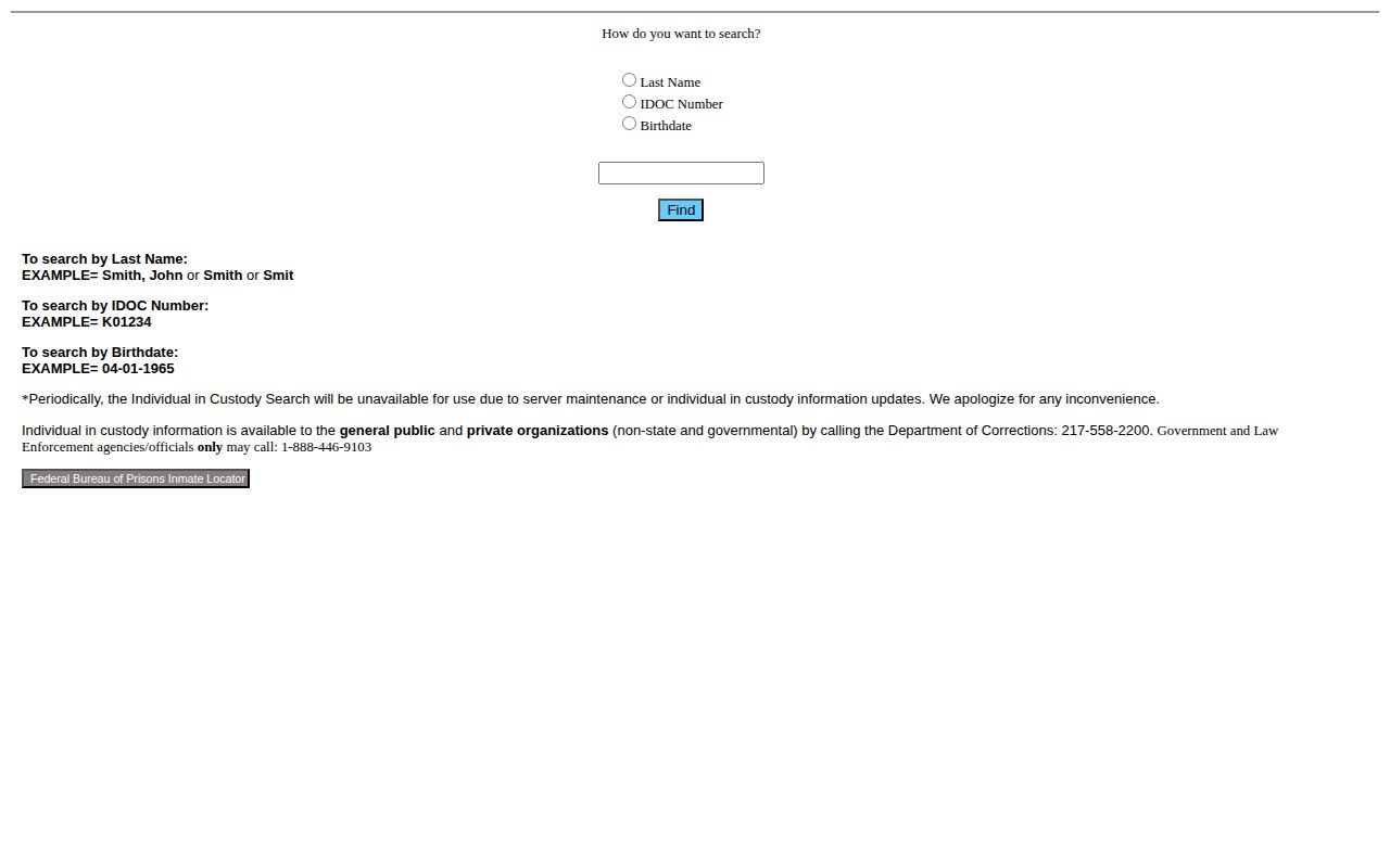 Live IDOC name, identification number, and birthdate search form
